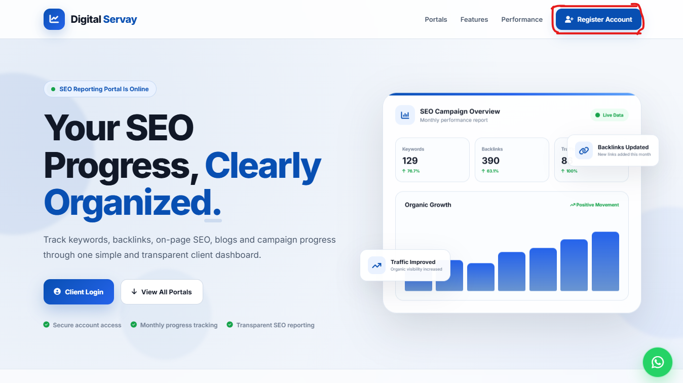 Digital Servay SEO Reporting Portal Homepage and Account Registration Button