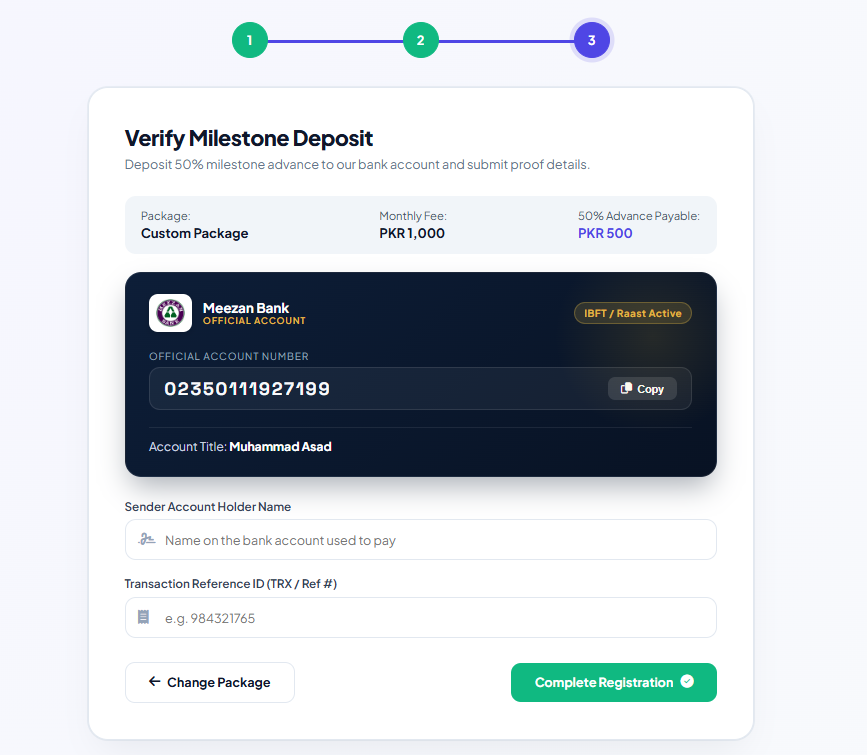 Digital Servay Portal Step 3 Verify Milestone Deposit Meezan Bank Account Details
